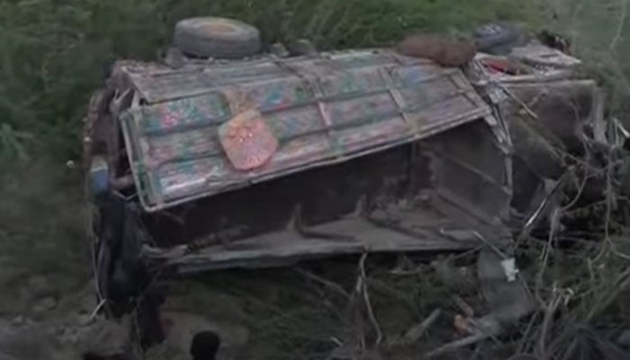 A screengrab taken from a video showing the truck that had fallen into the ditch in Balochistans Hub district on April 10, 2024, in this still taken from a video. — YouTube/Geo News Live