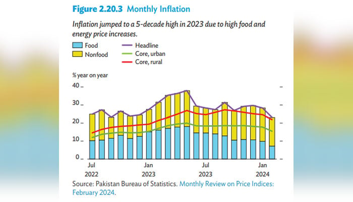 Graph by ADB shows monthly inflation rates in Pakistan from July 2022 to Jan 2024. — ADB