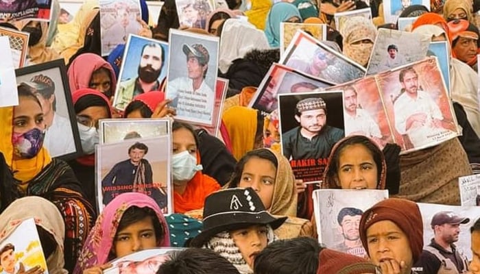 Protest for missing persons can be seen in this image. — X/MahrangBaloch