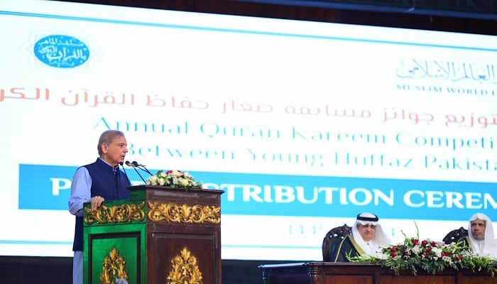 Prime Minister Shehbaz Sharif addresses the foundation stone laying ceremony in Islamabad on April 13, 2024. — APP