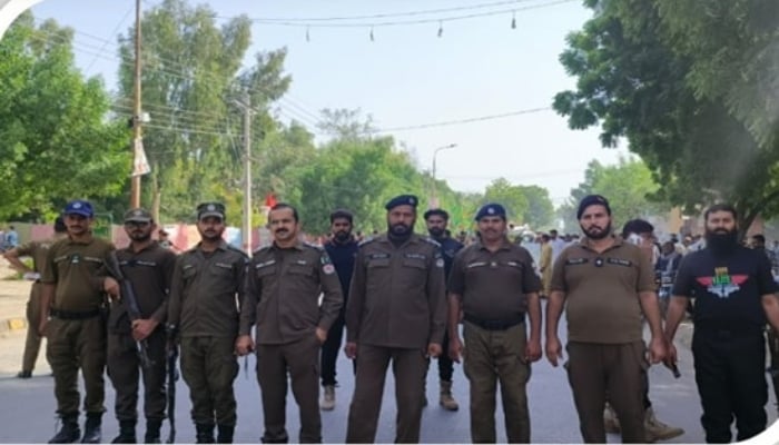 Bahwalnagar police officials stand guard in the district in this image released on September 29, 2023. —Facebook/Bahawalnagar Police