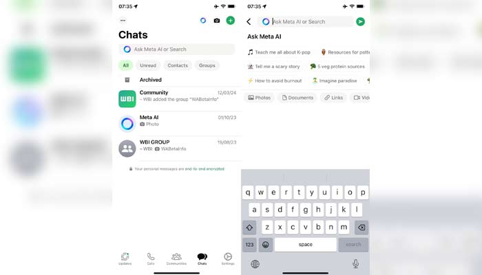 WhatsApp allows users to access Meta AI by tapping icon in top right of the Chats tab. — WABetaInfo