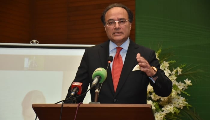 Finance Minister Muhammad Aurangzeb is addressingthe gong ceremony at the Pakistan Stock Exchange in Karachi on March 29, 2024. —X/Financegovpk