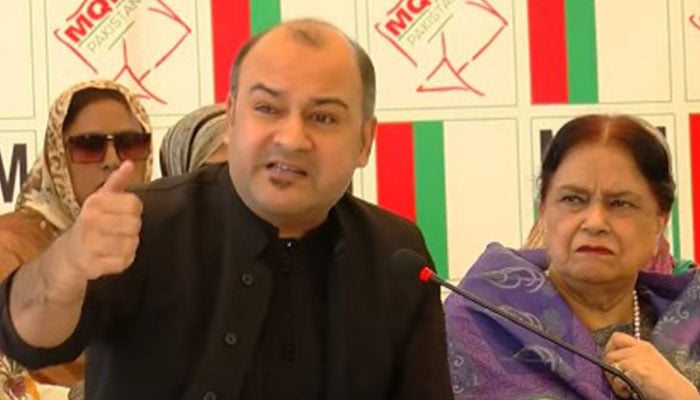 MQM-Ps Ali Khurshidi (left) pictured alongside Nasreen Jalil during a press conference in Karachi on April 15, 2024. — Screengrab/YouTube Hum News Live