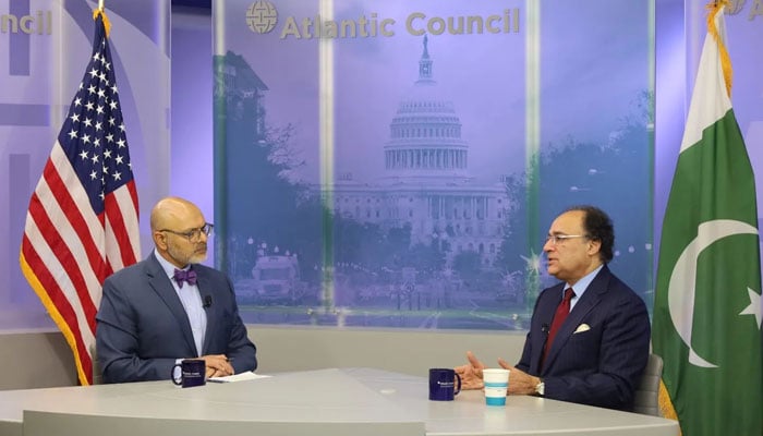 Finance Minister Muhammad Aurangzeb speaking during an interview with US think tank Atlantic Council. — X/@Financegovpk