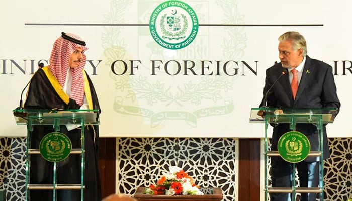 Foreign Minister Ishaq Dar (right) and his Saudi counterpart Prince  Prince Faisal bin Farhan Al Saud are addressing the joint press conference in Islamabad on April 16, 2024. — PID