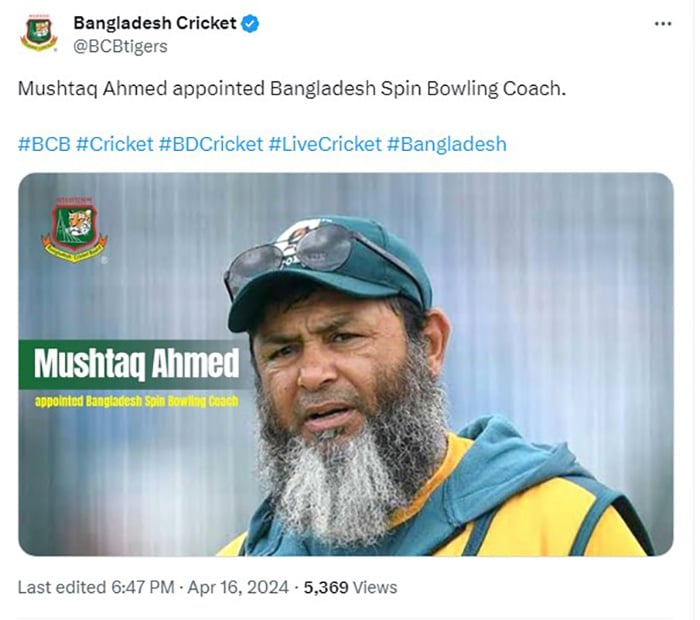 Snapshot of Bangladesh Cricket Board’s post regarding Mushtaq Ahmed’s appointment. — X/@BCBtigers