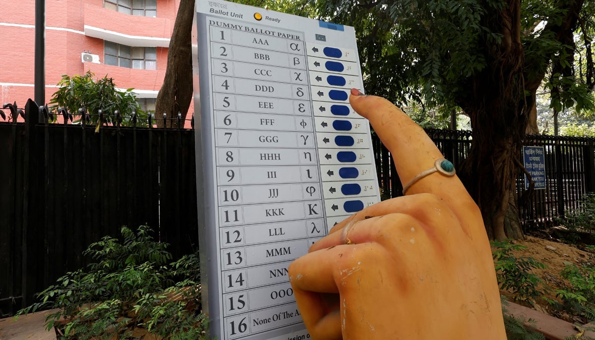 A model of Electronic Voting Machine is displayed outside the office of the Election Commission of India, ahead of the countrys general election, in New Delhi, India, April 15, 2024. — Reuters