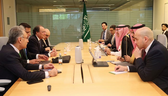 Pakistani delegation led by Minister of Finance Muhammad Aurangzeb (left) meets Saudi Foreign Minister  Mohammad AL-Jadaan in Washington on April 16, 2024. — X/@Financegovpk