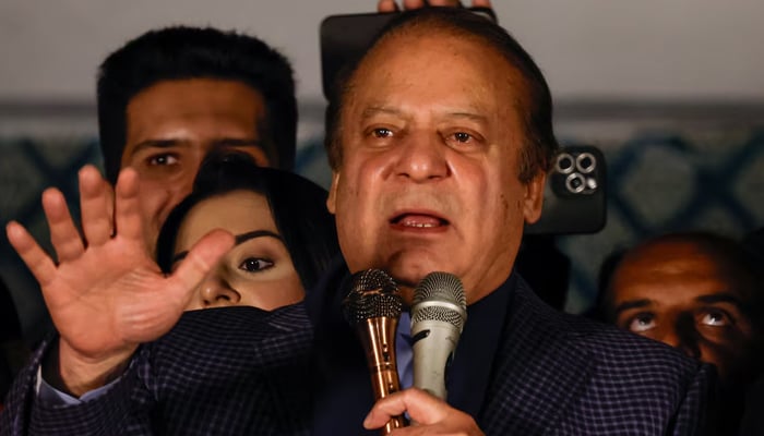 Former Prime Minister of Pakistan Nawaz Sharif speaks at the party office of Pakistan Muslim League (N), at Model Town in Lahore, Pakistan, February 9, 2024. — Reuters