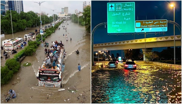 People sit atop a bus roof passing through the flooded road in Karachi on August 27, 2020, (left) while motorists drive along a flooded street following heavy rains, Dubai, UAE, April 17, 2024. — Reuters/AFP