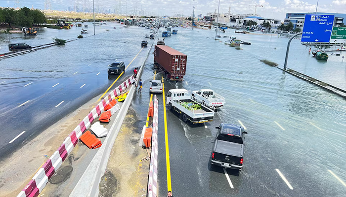 Cars are stuck on a flooded road after a rainstorm hit Dubai, in Dubai, United Arab Emirates, April 17, 2024. — Reuters