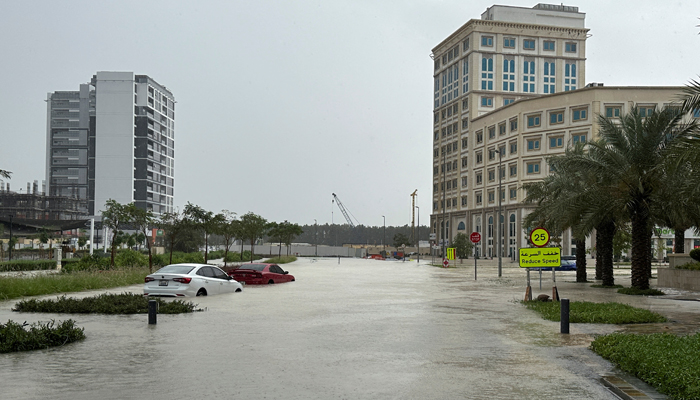 Cars are parked on a flooded street during a rain storm in Dubai, UAE, April 16, 2024. — Reuters