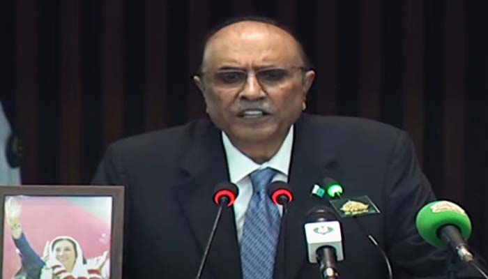 President Asif Ali Zardari is addressing joint session of parliament in this still taken on April 18, 2024. — PTV