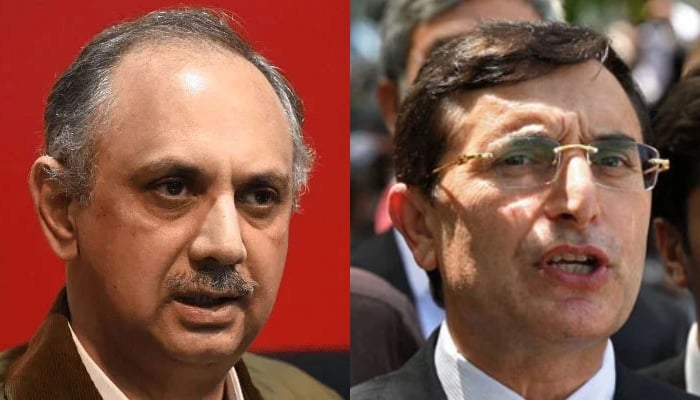 PTI leader Omar Ayub Khan (left) andBarrister Gohar Ali Khan. — AFP/File
