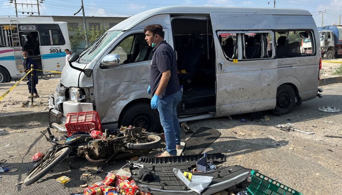View of a damaged car after a suicide blast in Karachi, Pakistan April 19, 2024. — Reuters