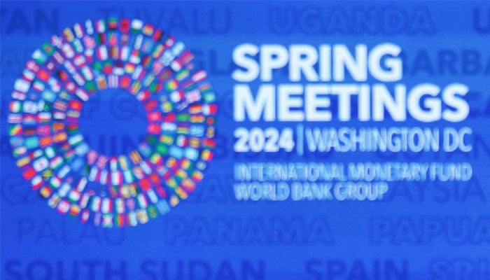 Logo for the IMF and World Banks 2024 annual Spring Meetings can be seen during a press briefing of IMF Managing Director Kristalina Georgieva on the Global Policy Agenda. — Reuters