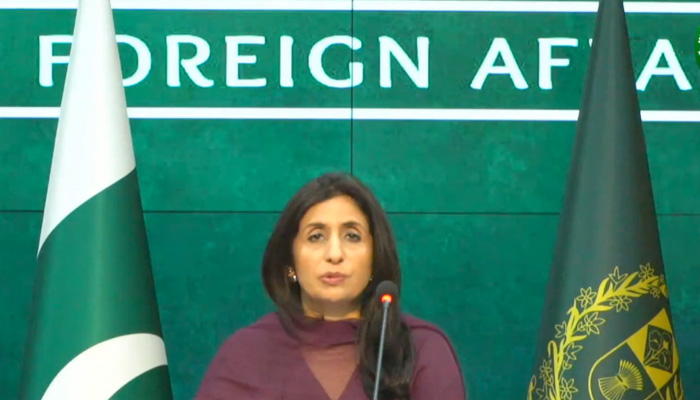Foreign Office Spokesperson Mumtaz Zahra Baloch speaks during the weekly press briefing in this still taken on April 19, 2024. — X/@ForeignOfficePk