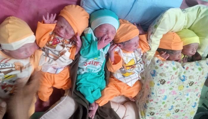 The newborn sextuplets receiving neonatal care at the nursery District Headquarters Hospital in Rawalpindi on Friday. — Reporter