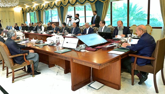 Prime Minister Shehbaz Sharif chairs the meeting regarding countrywide anti-smuggling drive in Islamabad on April 19, 2024. — PID