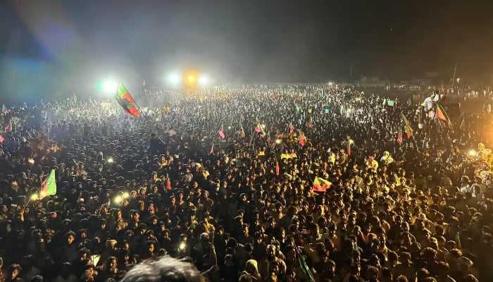 Pakistan Tehreek-e-Insaf andSunni Ittehad Council (SIC) supporters attend the public gathering in Kasur in this picture released on April 19, 2024. —X/PTI_Politics