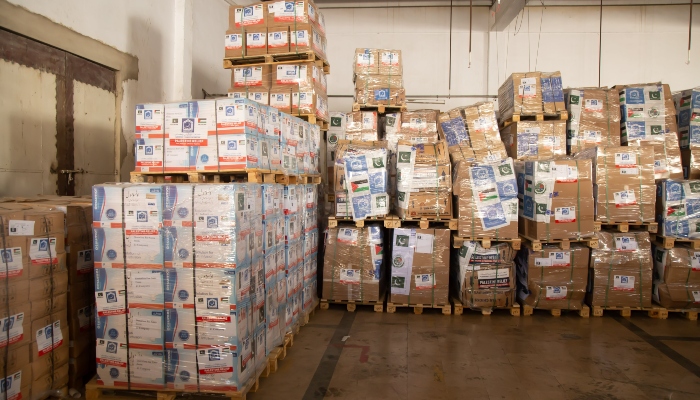 Food packs are prepared and stashed for Gazan families at the Alkhidmat Warehouse in Karachi in this image released on April 21, 2024. —@AlkhidmatOrg
