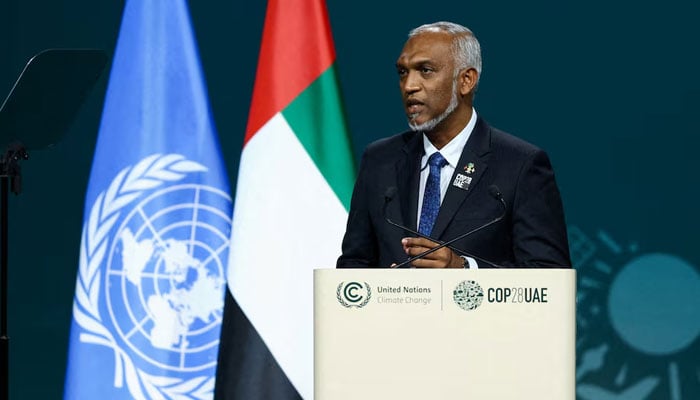 President of Maldives Mohamed Muizzu delivers a national statement at World Climate Action Summit during the UN Climate Change Conference (COP28) in Dubai, December 1, 2023. — Reuters