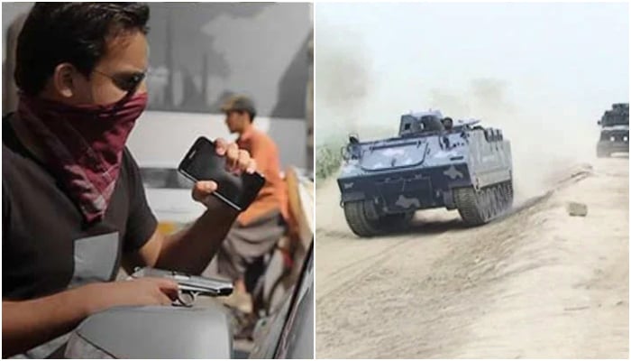 Representation image of robber snatching mobile phone (left), while other picture shows armoured vehicles of police and Rangers partaking the operation against bandits in katcha (riverine) forests. — CPLC/Geo News screengrab