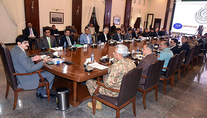 Sindh CM Syed Murad Ali Shah chairs the apex committee meeting at the CM House on April 22, 2024.  —X/@SindhCMHouse