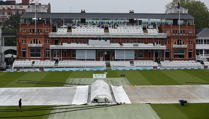 General view of the covers as rain delays play during first Test — England v New Zealand at Lords Cricket Ground, London June 4, 2021. — Reuters