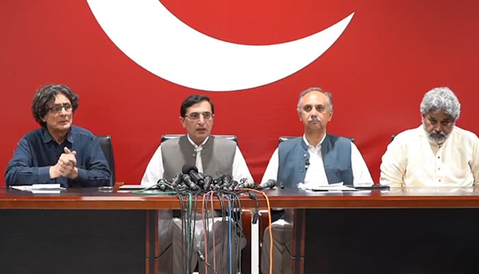 (From left to right) PTI spokesperson Raoof Hasan, chairman Gohar Ali Khan, secretary general Omar Ayub Khan, and SIC Chairman Sahibzada Hamid Raza address a press conference in Islamabad on April 22, 2024, in this still taken from a video. — Facebook/@PTIOfficial
