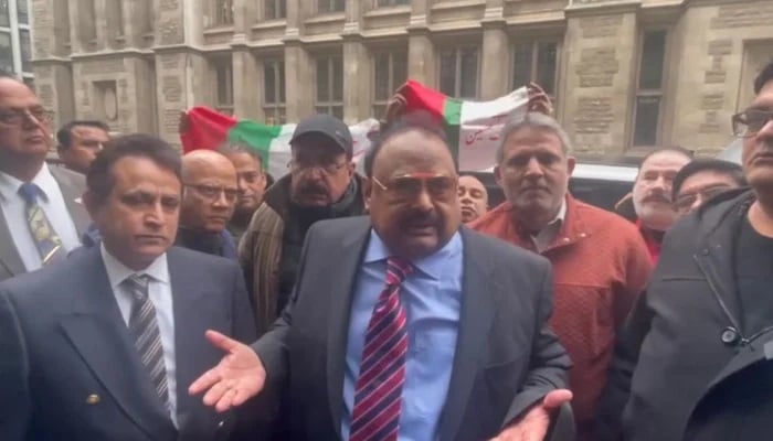 The Muttahida Qaumi Movement (MQM) founder Altaf Hussain while speaking to journalists outside the court trial in London, UK. — Provided by the author/File