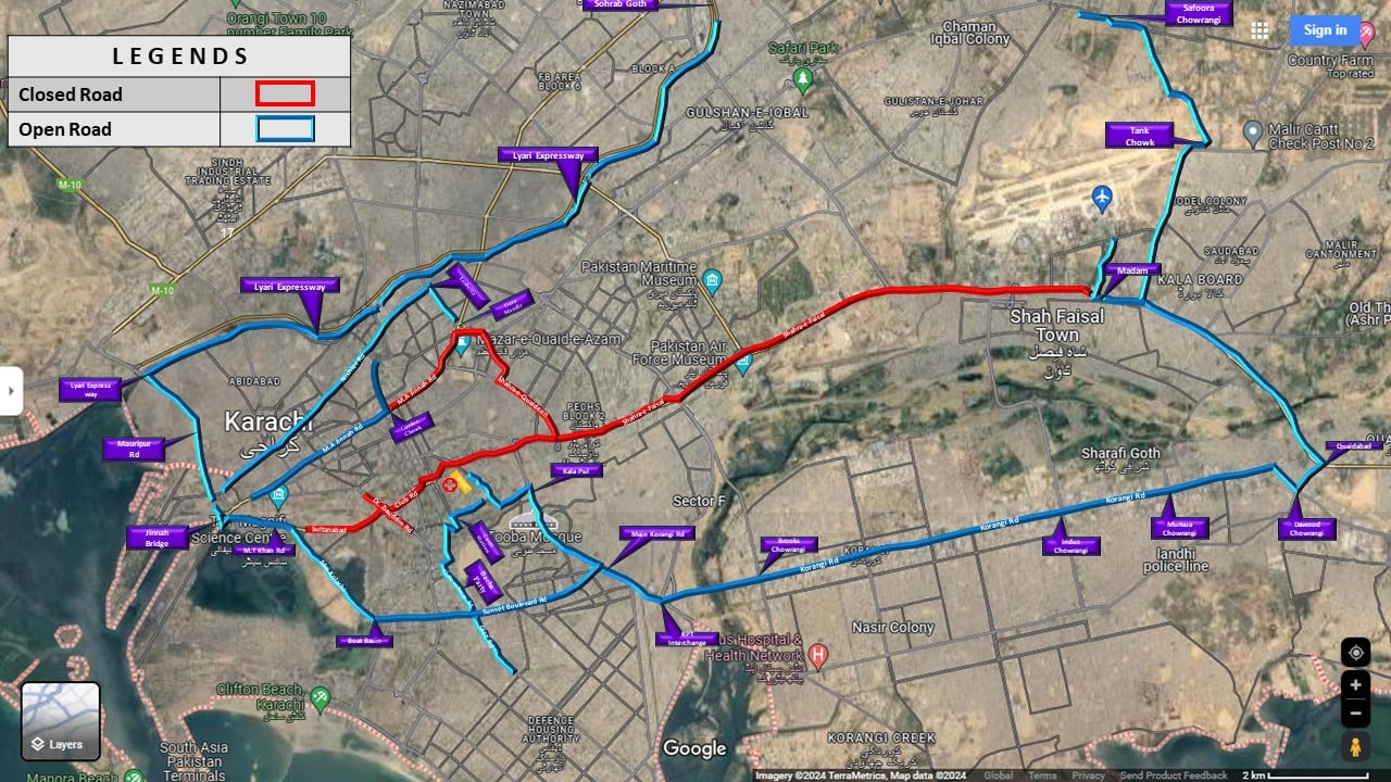 Main Karachi roads including Sharea Faisal to be closed for 2 hours today