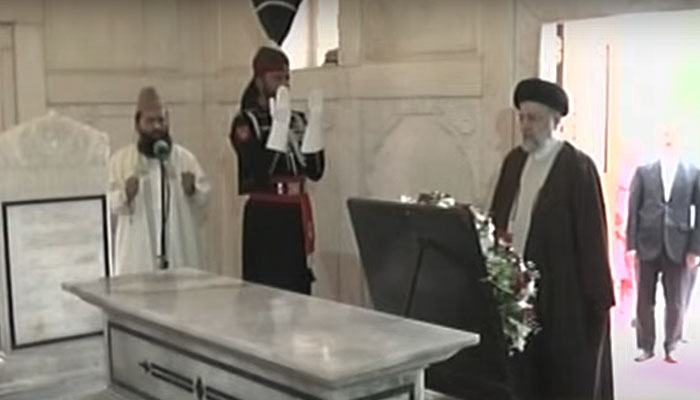 Iranian President Seyyed Ebrahim Raisi vistsmausoleum of Allama Muhammad Iqbal in Lahore on Tuesday, April 23, 2024. — YouTube screengrab/Geo News Live