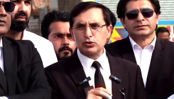PTI Chairman Barrister Gohar Ali Khan addresses the press conference outside Adiala Jail, Rawalpindi on April 23, 2024, in this still taken from a video. — Geo News