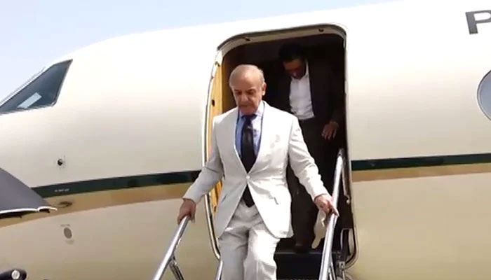 Prime Minister Shahbaz Sharif reaches Karachi on a day-long visit to the port city on April 24, 2024. — Radio Pakistan
