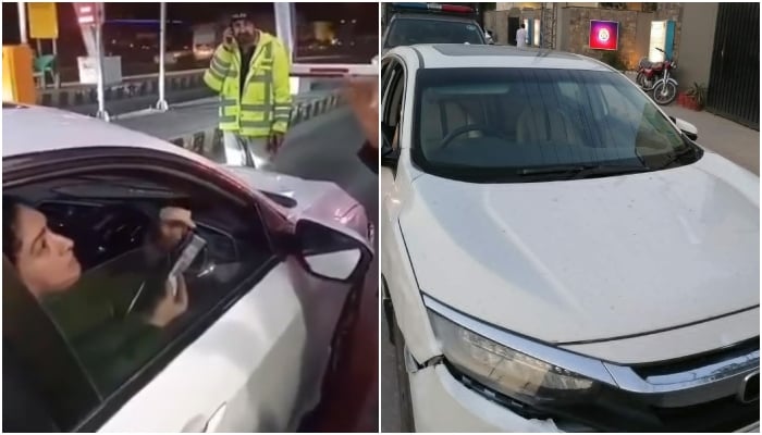 The accused woman driver vents anger at Motorway Police cops for being pulled over for speeding (left) in this still while other photo shows vehicle seized by Rawalpindi police. — X/HamidMirPAK/RwpPolice