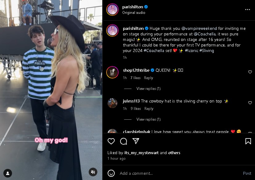 Paris Hilton expressed gratitude for Vampire Weekend Coachella performance