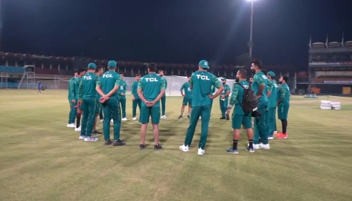 In this still Pakistan team members can be seen with the Pakistan Cricket Board (PCB) management while training at the Gaddafi Stadium, Lahore, on April 24, 2024. —X/TheRealPCB