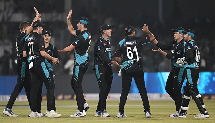 New Zealand players celebrate after fall of wicket, Pakistan vs Zealand, 4th T20I, Lahore, April 25, 2024. — AFP