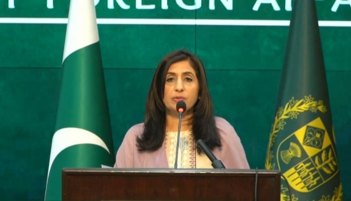 Foreign Office Spokesperson Mumtaz Zahra Baloch is addressing her weekly press briefing in Islamabad on April 26, 2024. —Screengrab/X/ForeignOfficePk