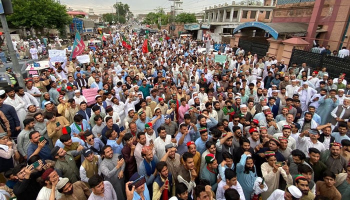 PTI workers hold protest demonstration in KP’s Lower Dir on April 26, 2024. — X/PTIofficial