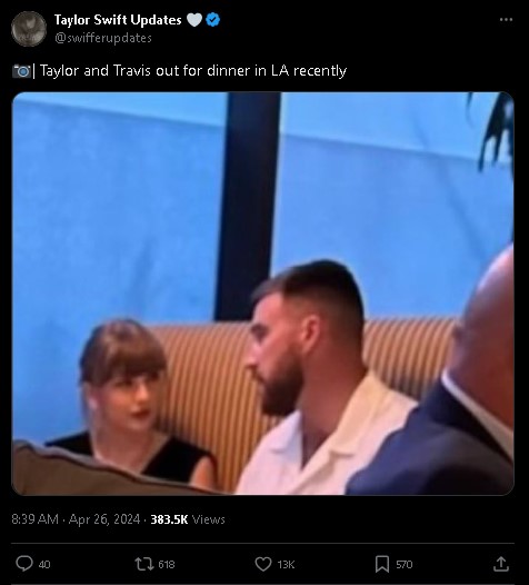 Taylor Swift joins Travis Kelce on dinner date days after TTPD release