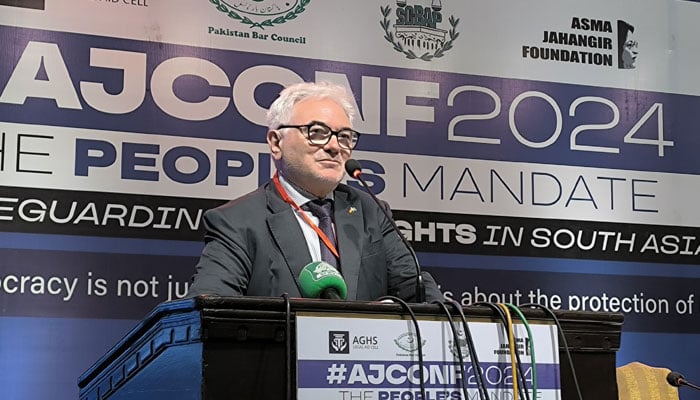 German Ambassador to Pakistan Alfred Grannas reacts to activists as they protests his attendance at the human rights conference in Lahore on April 27, 2024 — X/voicepkdotnet