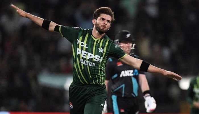 Pakistan pacer Shaheen Shah Afridi celebrates after taking a wicket during fifth T20I against New Zealand at Lahores Gaddafi Stadium on April 27, 2024. — X