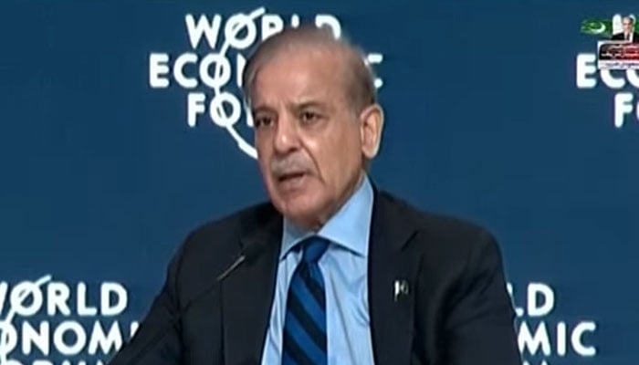 Prime Minister Shehbaz Sharif addressing a session during the World Economic Forums (WEF) special meeting in Riyadh, Saudi Arabia on April 28, 2024. — YouTube screengrab/Geo News Live