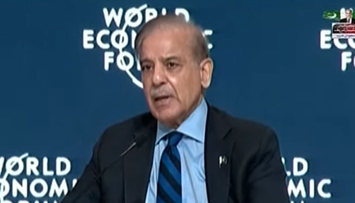 Prime Minister Shehbaz Sharif addressing a session during the World Economic Forums (WEF) special meeting in Riyadh, Saudi Arabia on April 28, 2024. — YouTube screengrab/Geo News Live