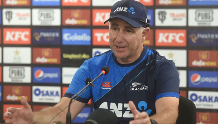 New Zealands coach Gary Stead speaks with media at the National Stadium in Karachi. — AFP/File