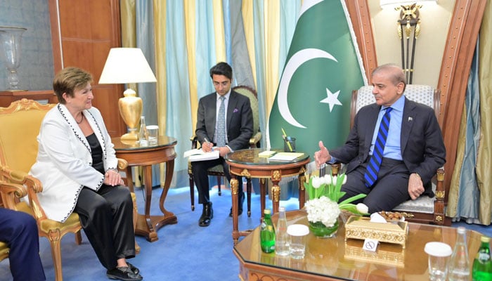Prime Minister Shahbaz Sharif (right) meets International Monetary Fund (IMF) Managing Director Kristalina Georgieva in Riyadh on April 28, 2024. — Prime Ministers Office