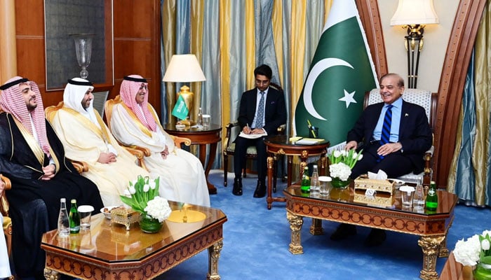Saudi ministers seen in a meeting with PM Shehbaz Sharif on the sidelines of a Special Meeting of the World Economic Forum on April 28, 2024. — PID